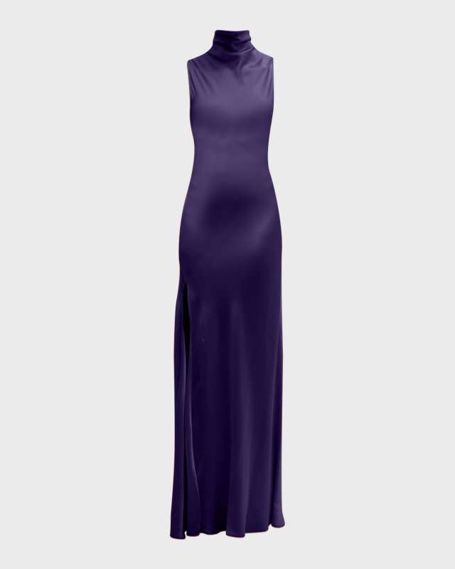 Draped Mock-Neck Sleeveless Satin Maxi Dress